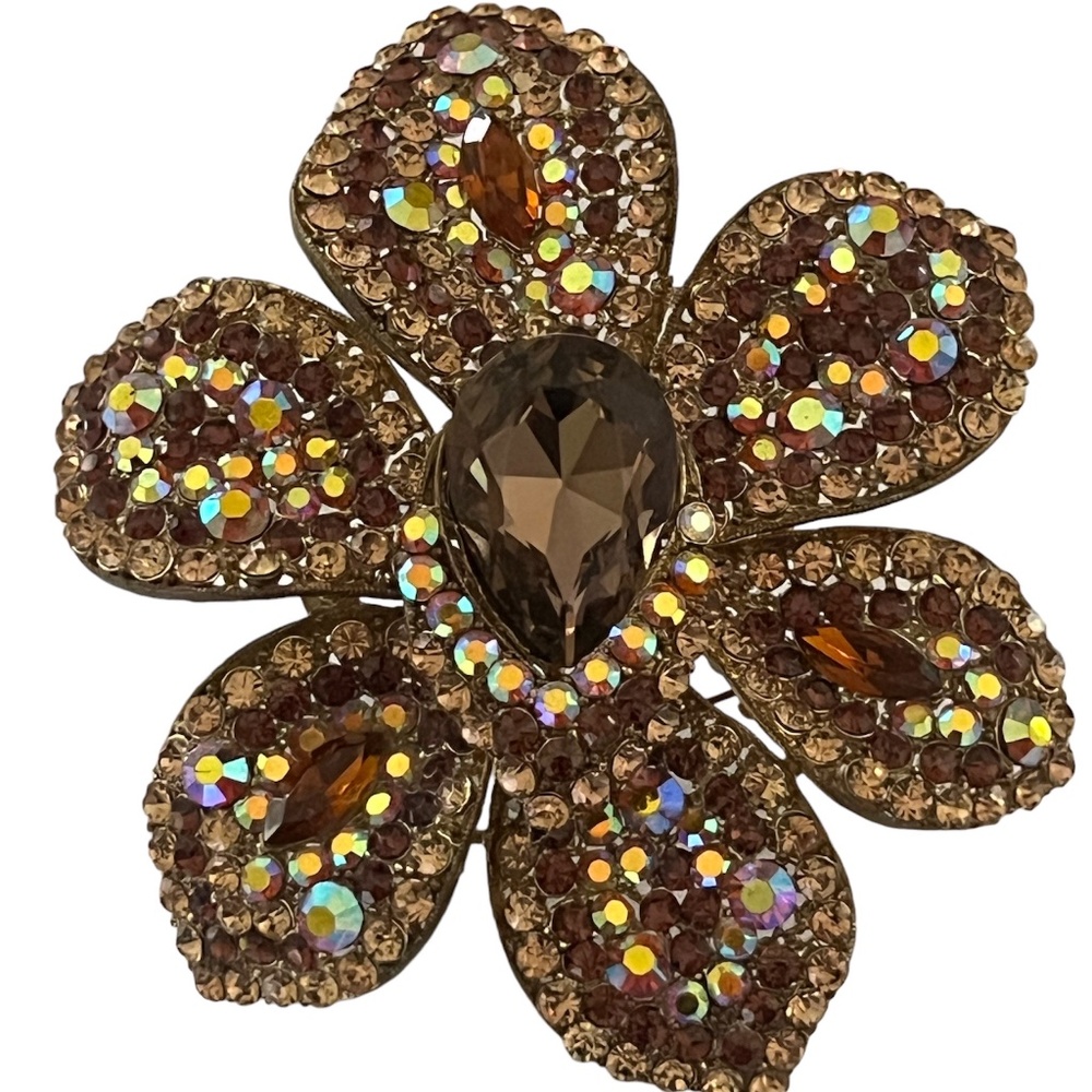 Vintage Large Multi AB Brown Crystal Rhinestones 3 D Brooch Pendant